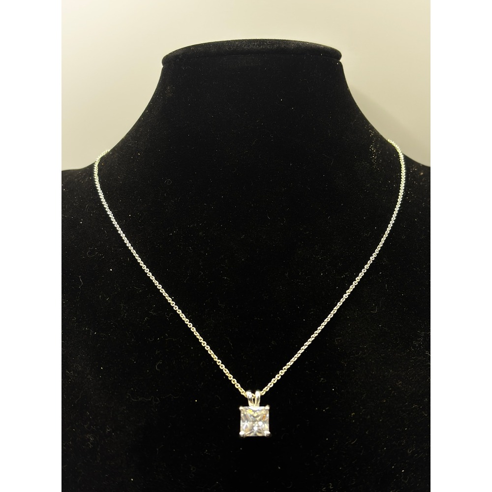 Social Gallery Necklace Womens 16in Silver Cubic Zirconia Princess Cut Pendant